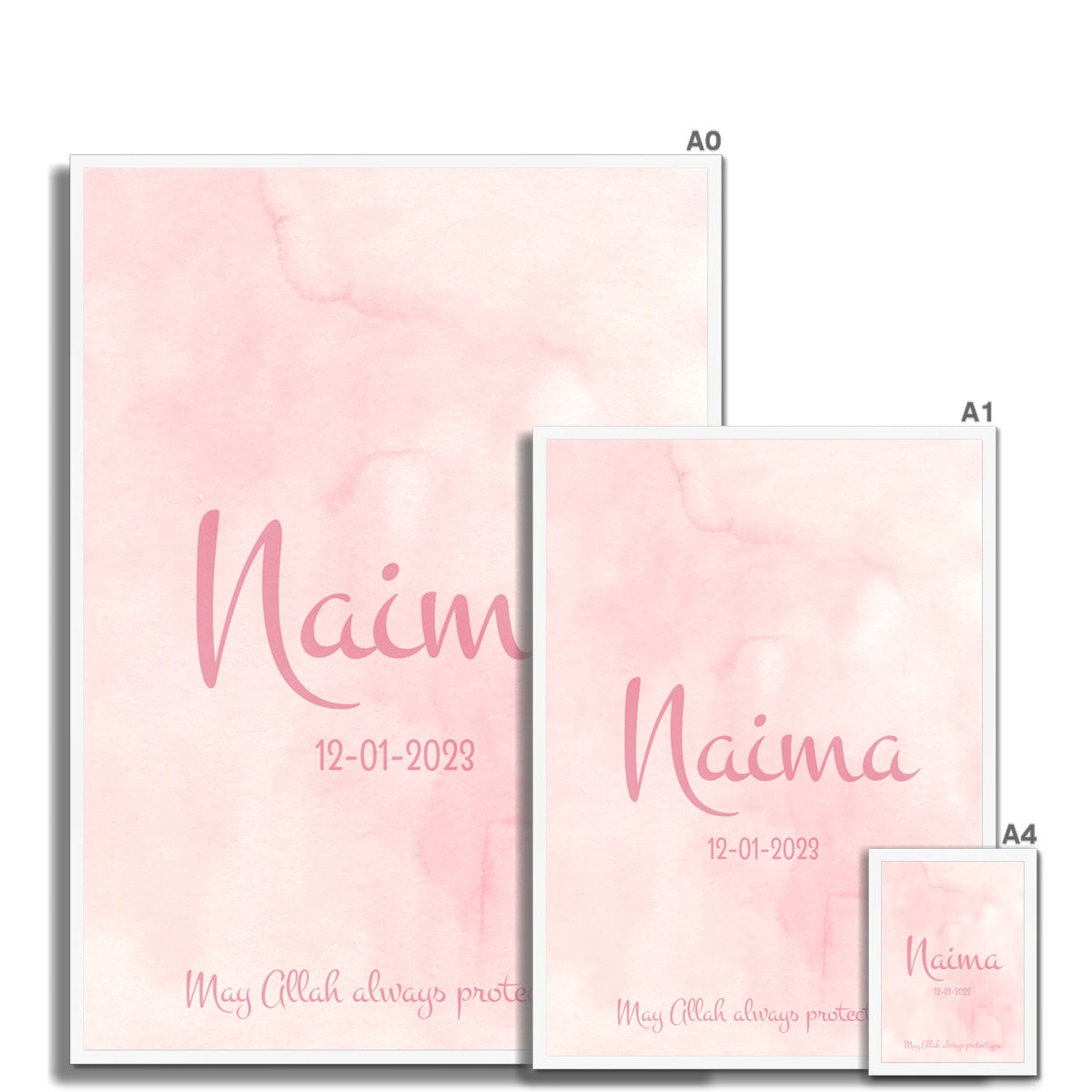 Set of 3 Personalized Pink Islamic Wall Art for Girls – Custom Name & Birth Date Posters Framed Print - Neanour