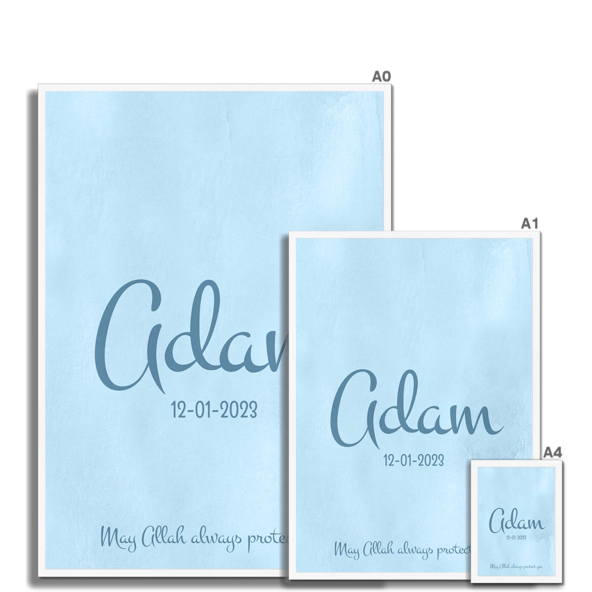 Set of 3 Personalized Blue Islamic Wall Art for Boys – Custom Name & Birth Date Posters Framed Print - Neanour