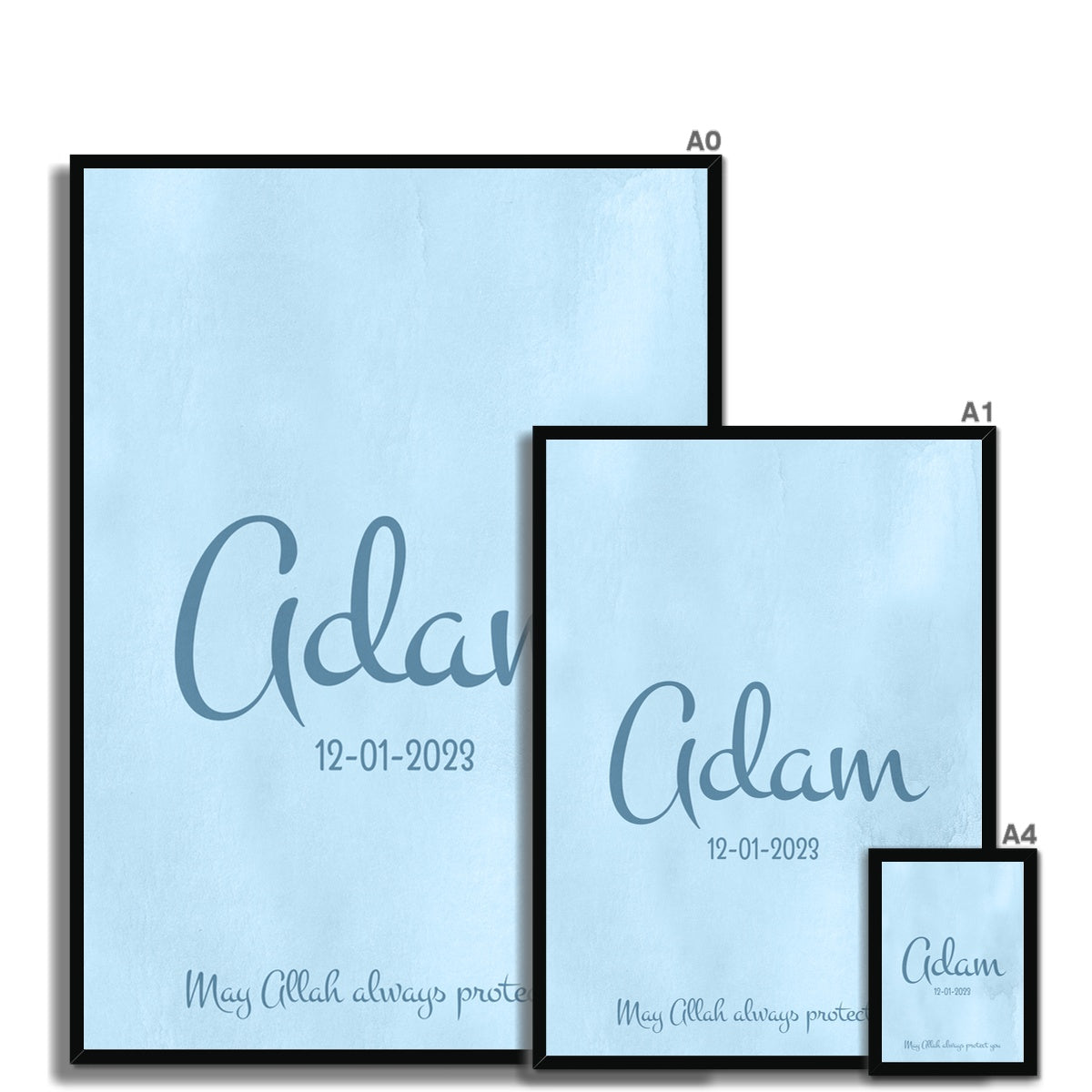 Set of 3 Personalized Blue Islamic Wall Art for Boys – Custom Name & Birth Date Posters Framed Print - Neanour