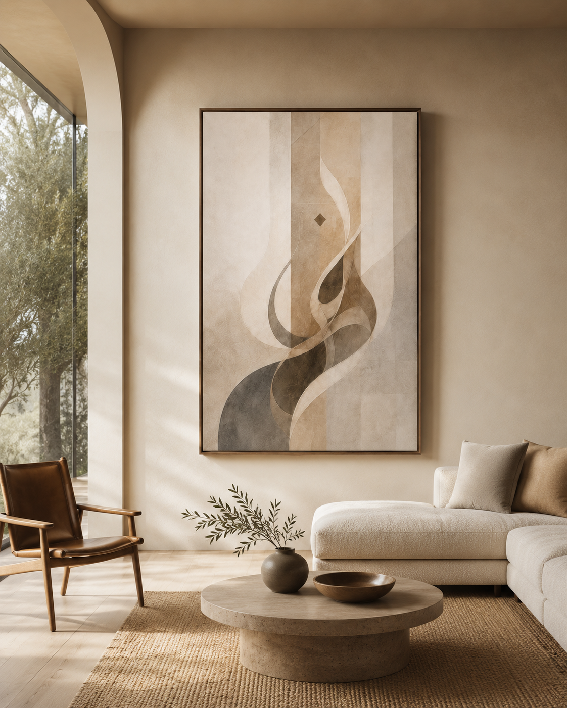 Echoes of Patience framed canvas in a warm neutral living room with brown frame