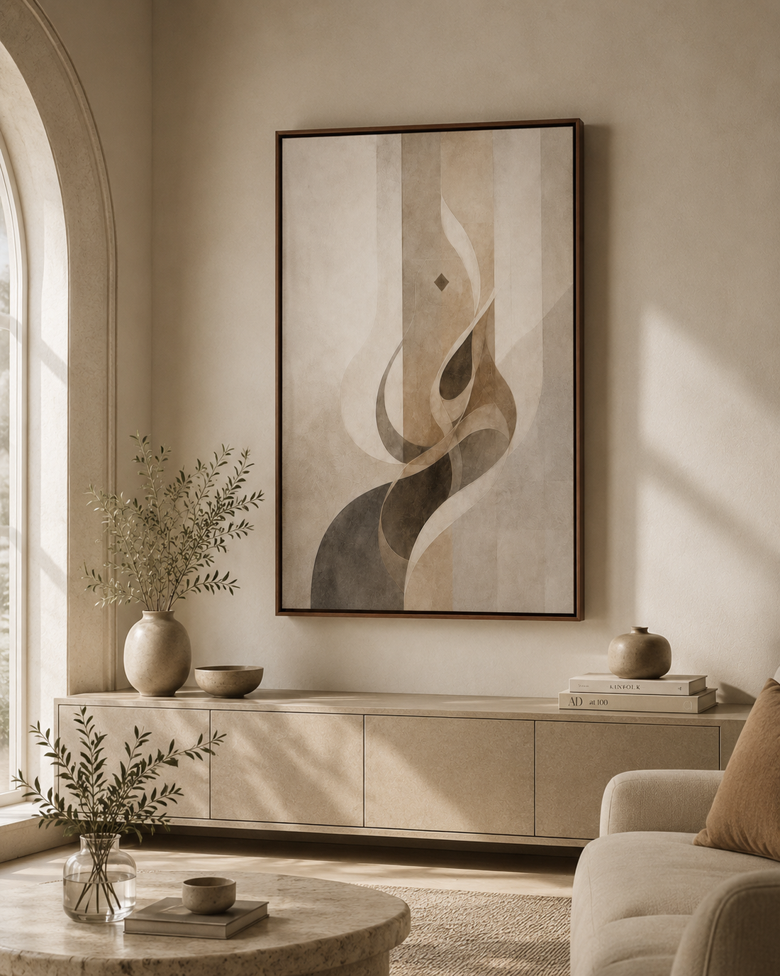 Echoes of Patience framed canvas in a warm neutral living room with brown frame