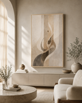 Echoes of Patience framed canvas in a minimalist interior with black frame