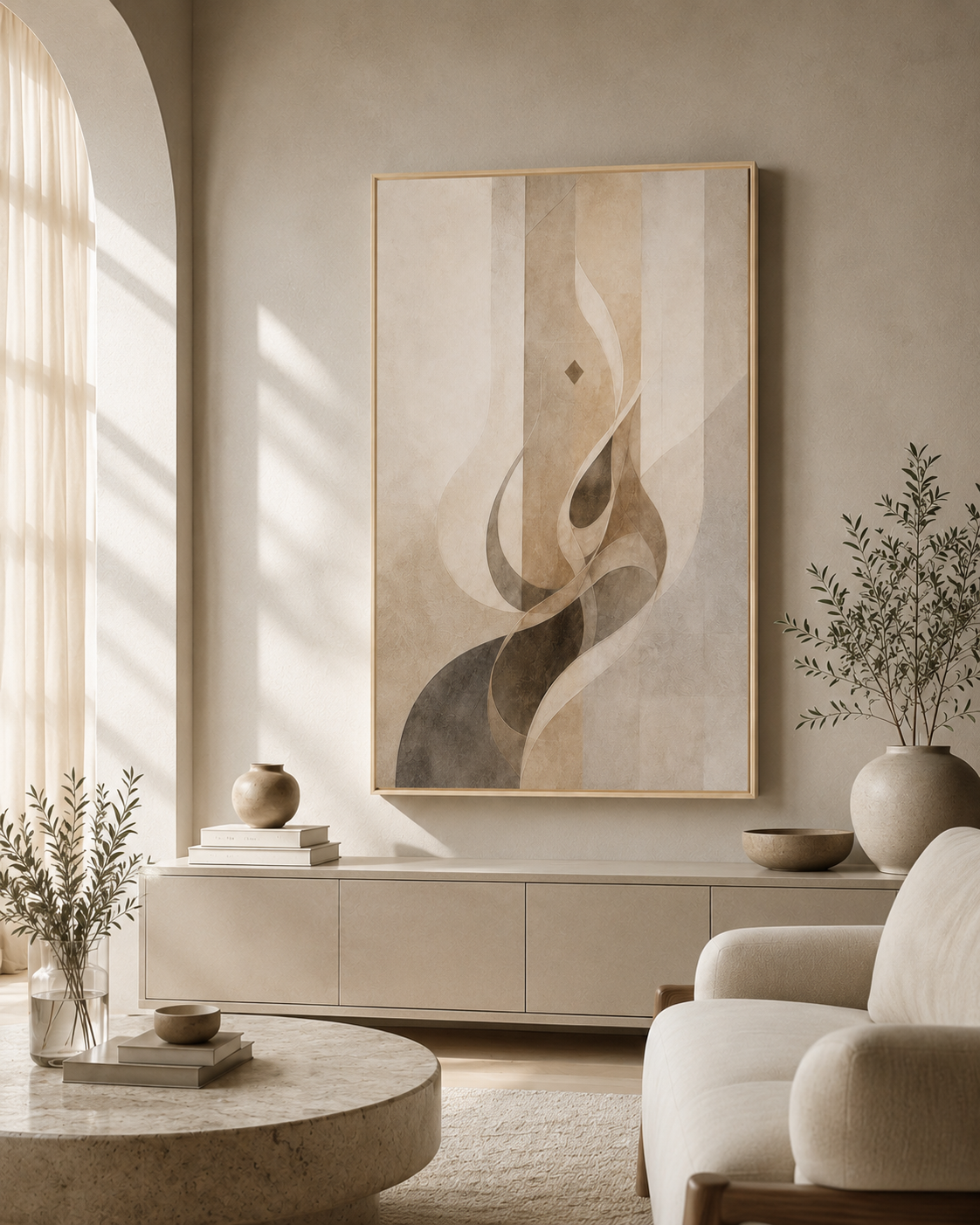 Echoes of Patience framed canvas in a minimalist interior with black frame