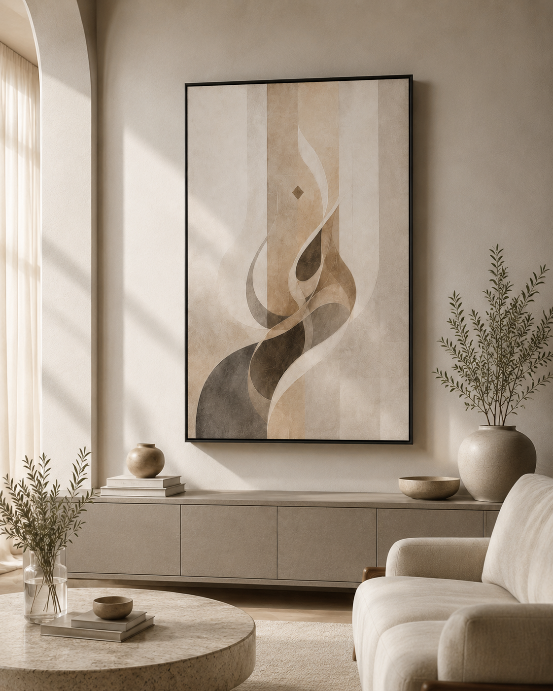 Echoes of Patience large framed canvas in a serene luxury living room