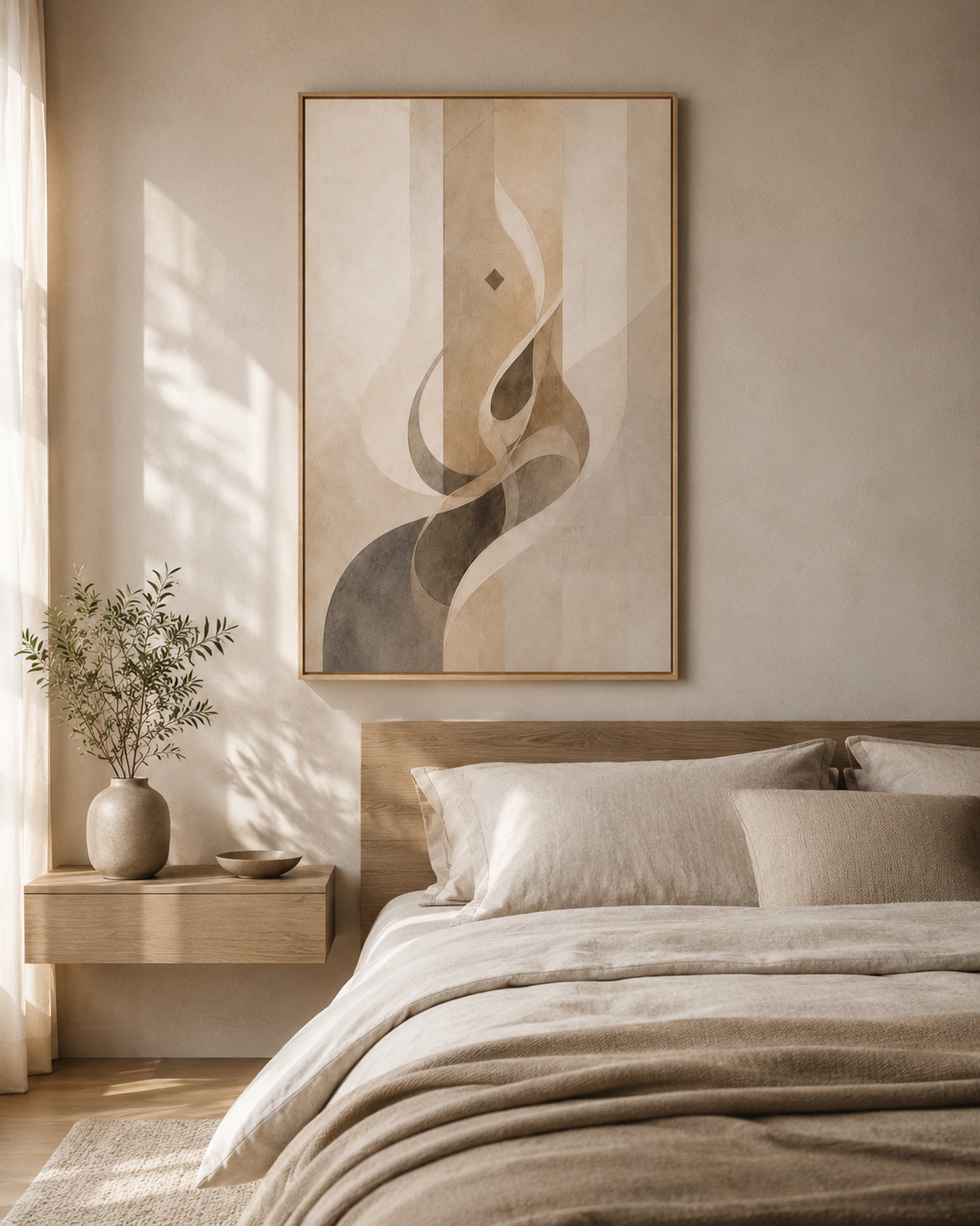 Echoes of Patience framed canvas in a warm neutral living room with brown frame