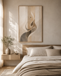 Echoes of Patience framed canvas in a warm minimalist bedroom