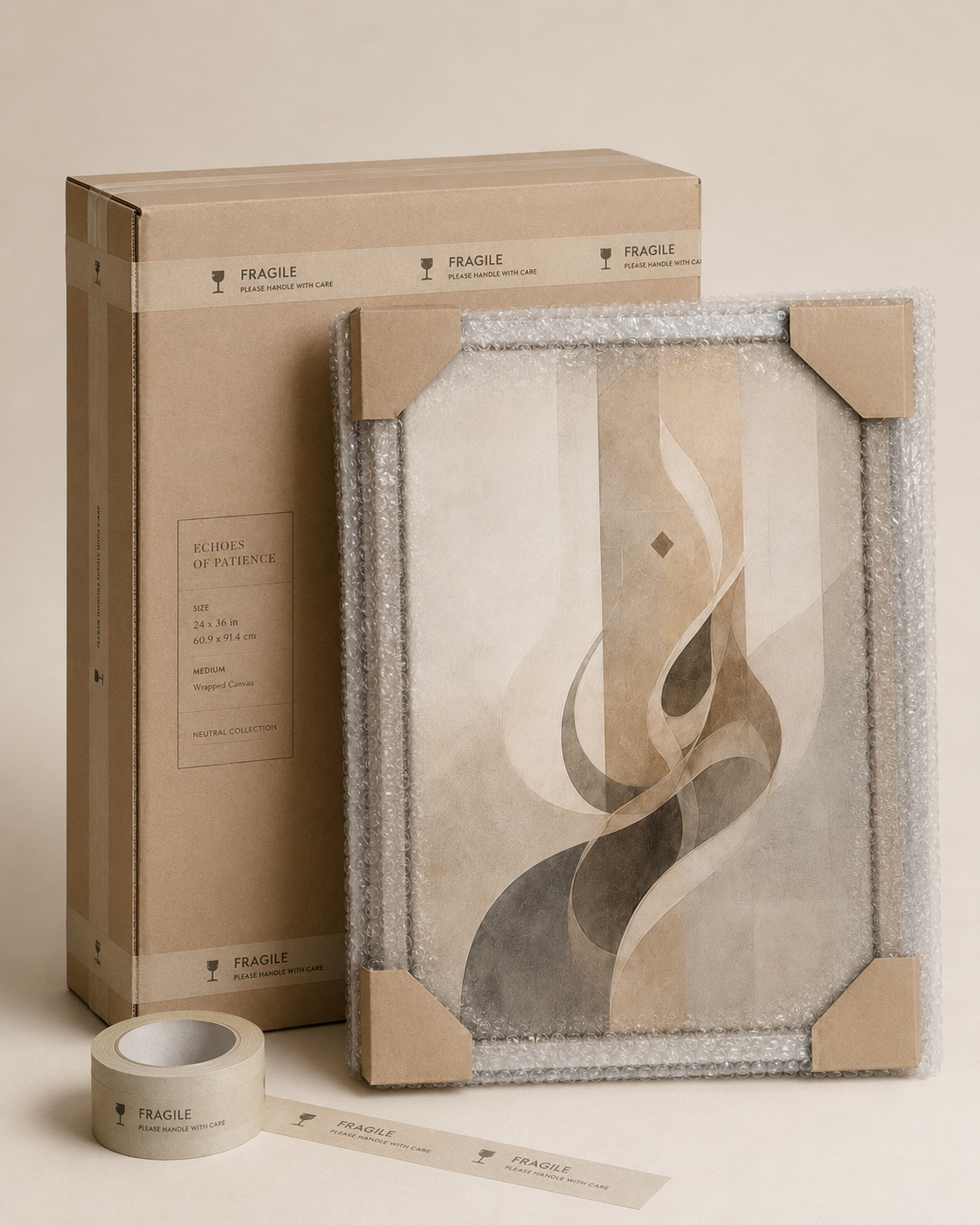 Echoes of Patience protected framed canvas packaging with bubble wrap and corner guards