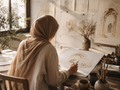 Artist in a warm studio sketching the architectural forms behind Echoes of Patience