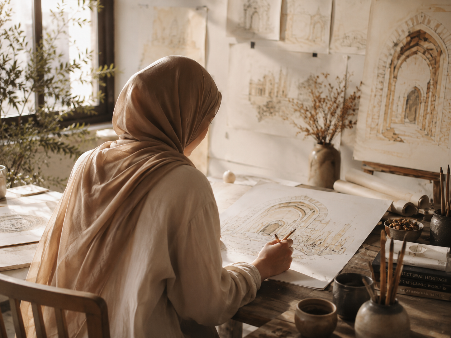 Artist in a warm studio sketching the architectural forms behind Echoes of Patience