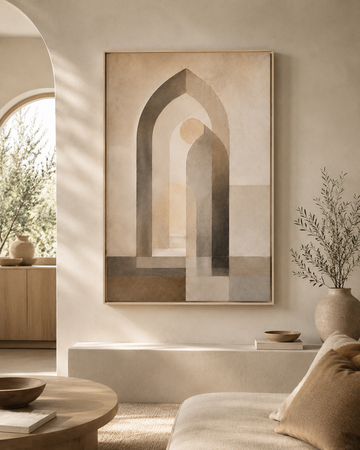 House of Tranquility framed Islamic wall art in a warm neutral living room