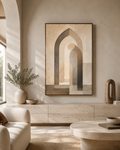 House of Tranquility framed canvas in a serene neutral interior