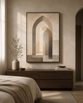 House of Tranquility black framed canvas in a warm minimalist bedroom