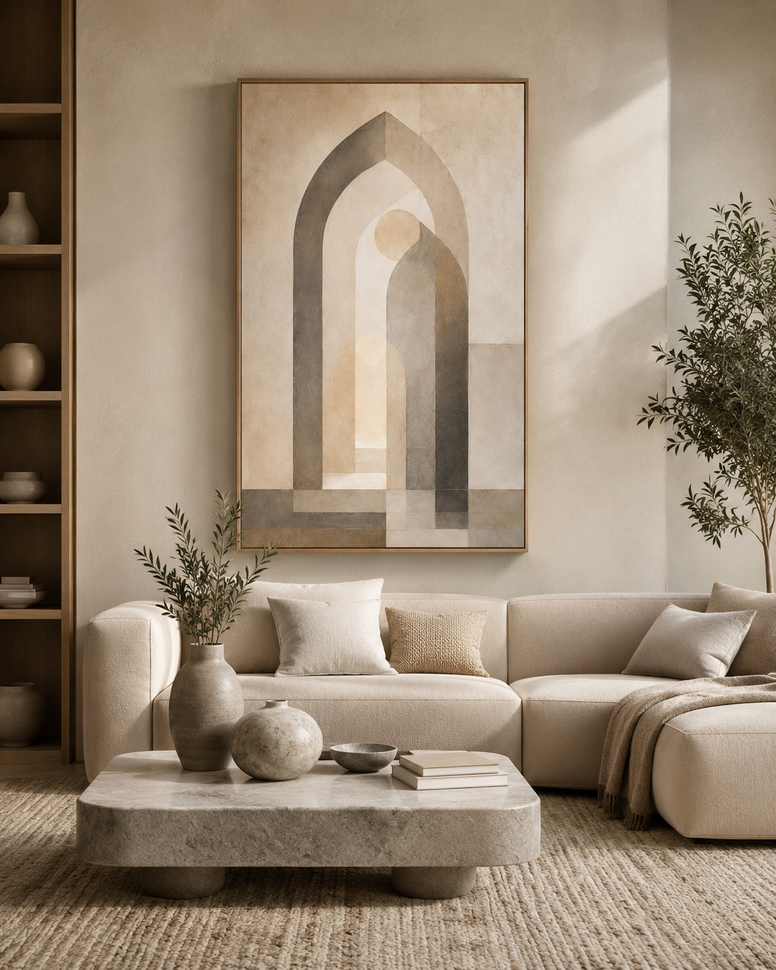 House of Tranquility large framed canvas above a neutral sofa