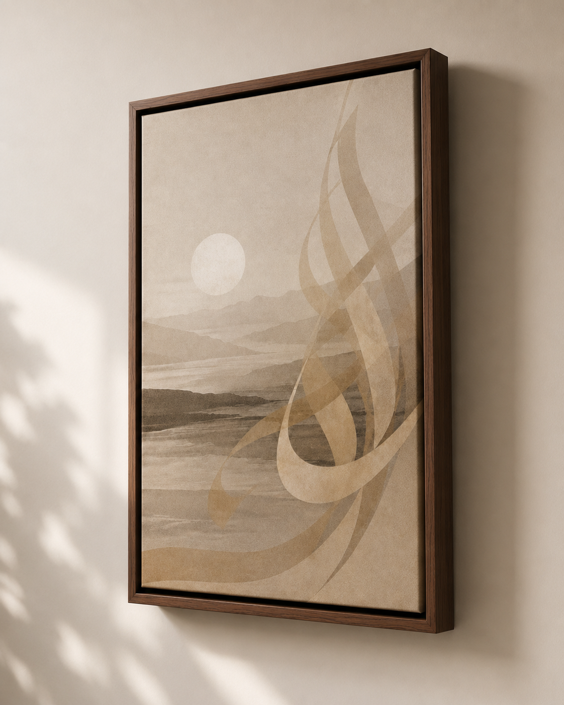Angled product view of Stillness of Dawn framed canvas showing Brown Frame depth
