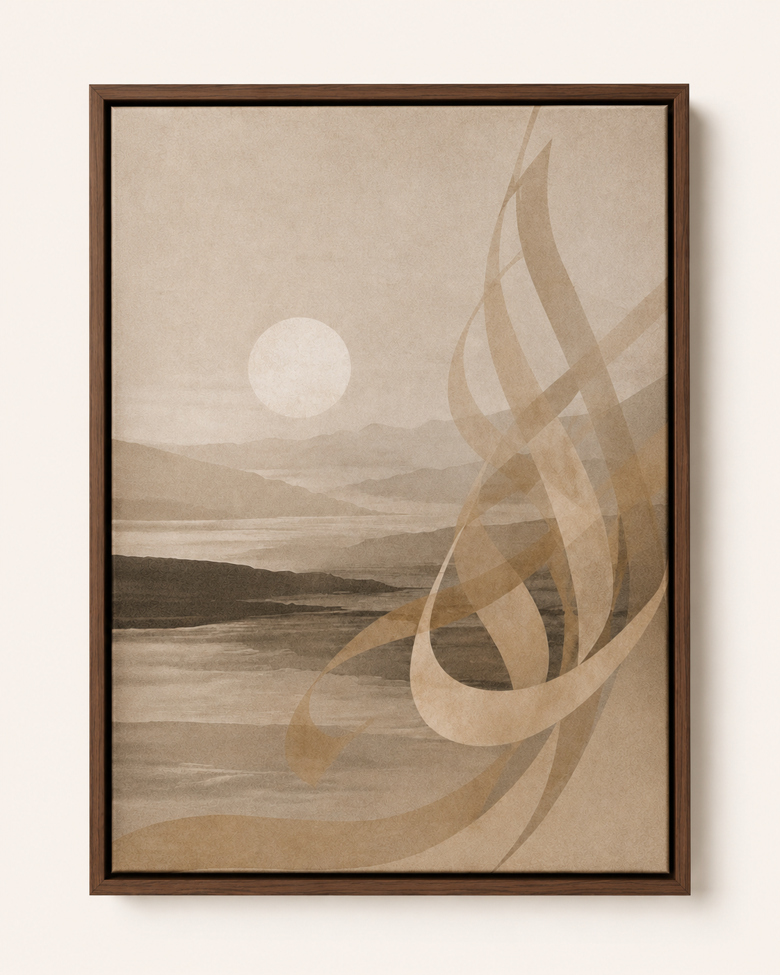 Front product view of Stillness of Dawn framed canvas with Brown Frame