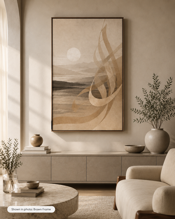 Stillness of Dawn framed canvas in a warm neutral living room with Brown Frame