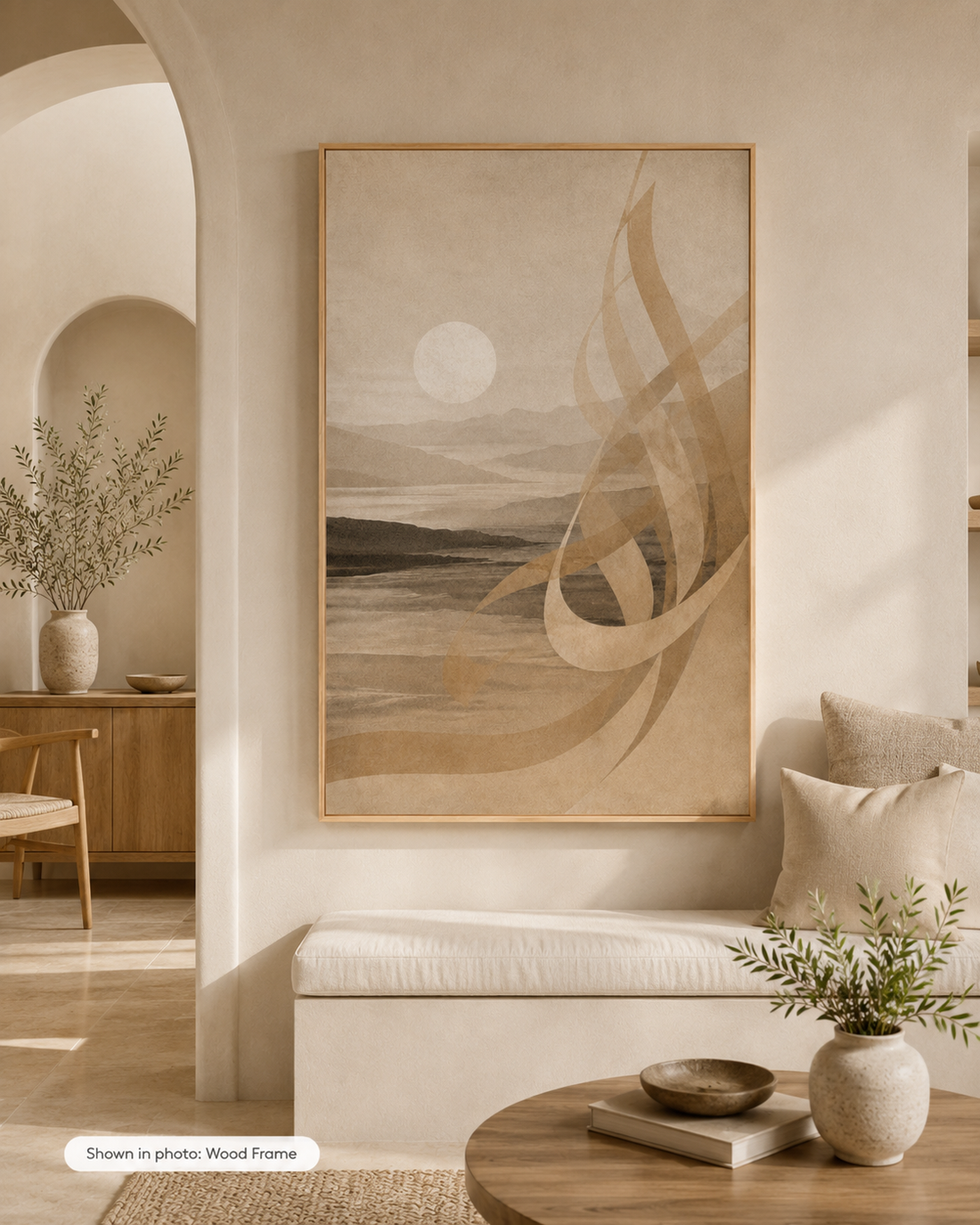 Stillness of Dawn framed canvas in a warm neutral living room with Brown Frame