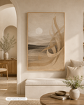 Stillness of Dawn framed canvas in a warm minimalist interior with Wood Frame