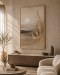 Stillness of Dawn framed canvas in Wood Frame in a warm neutral living room
