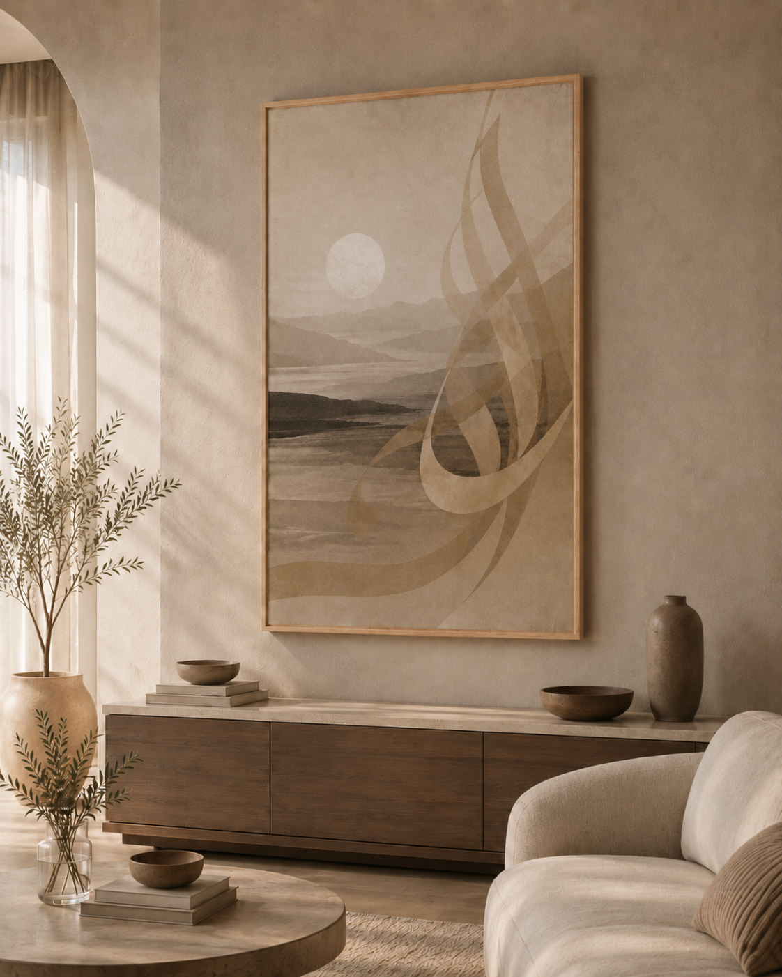 Stillness of Dawn framed canvas in Wood Frame in a warm neutral living room